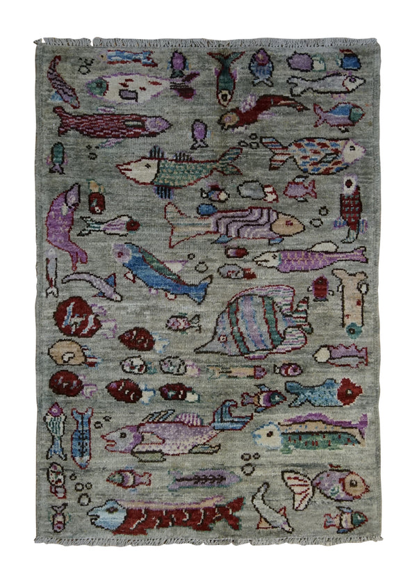 A34180 Oriental Rug Pakistani Handmade Area Transitional 2'0'' x 2'11'' -2x3- Green Multi-color Animals Pictorial Gabbeh Design