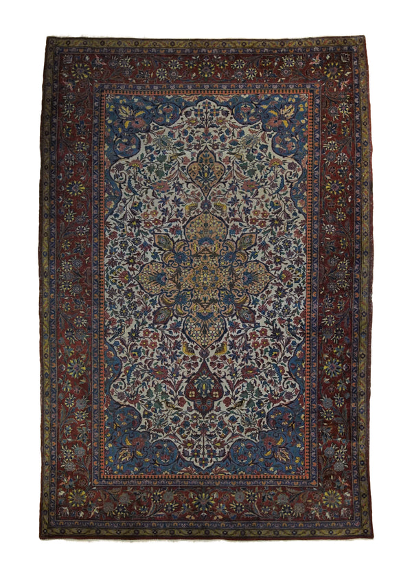 A34190 Persian Rug Kashan Handmade Area Traditional 4'5'' x 6'7'' -4x7- Blue Red Yellow Gold Floral Design