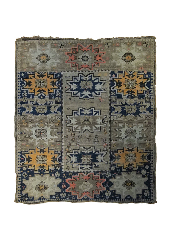 A34197 Caucasian Rug Shirvan Handmade Area Antique Traditional 4'1'' x 4'7'' -4x5- Whites Beige Blue Yellow Gold Geometric Design
