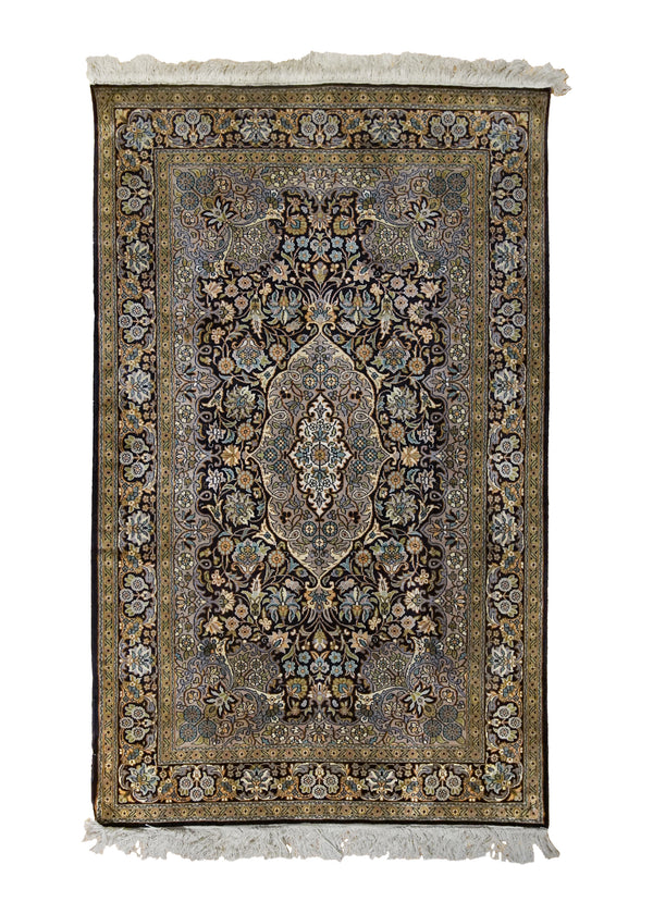 A34208 Oriental Rug Kashmiri Handmade Area Traditional 2'6'' x 4'1'' -3x4- Yellow Gold Black Floral Design