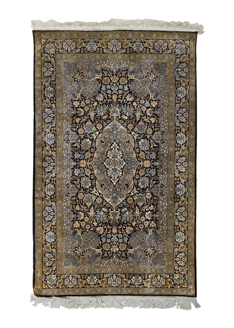 A34208 Oriental Rug Kashmiri Handmade Area Traditional 2'6'' x 4'1'' -3x4- Yellow Gold Black Floral Design