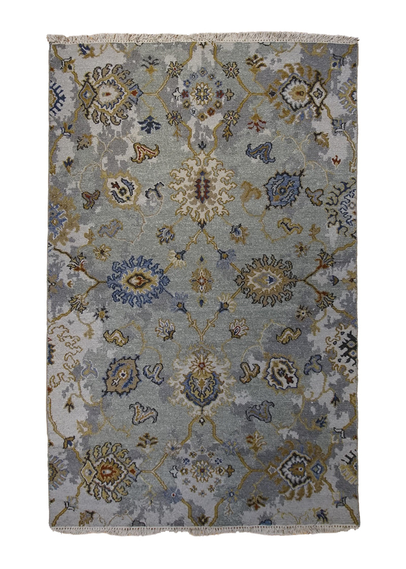 A34246 Oriental Rug Indian Handmade Area Transitional 4'0'' x 6'2'' -4x6- Gray Yellow Gold Soumak Oushak Design