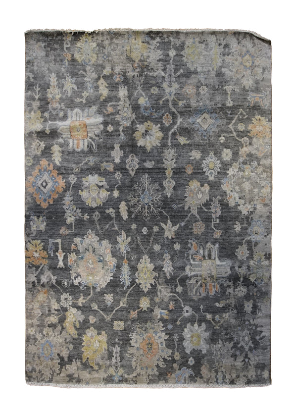 A34261 Oriental Rug Indian Handmade Area Transitional 6'2'' x 8'11'' -6x9- Black Gray Erased Oushak Design