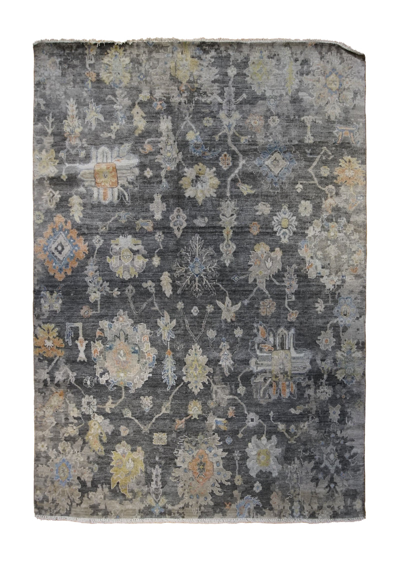 A34261 Oriental Rug Indian Handmade Area Transitional 6'2'' x 8'11'' -6x9- Black Gray Erased Oushak Design