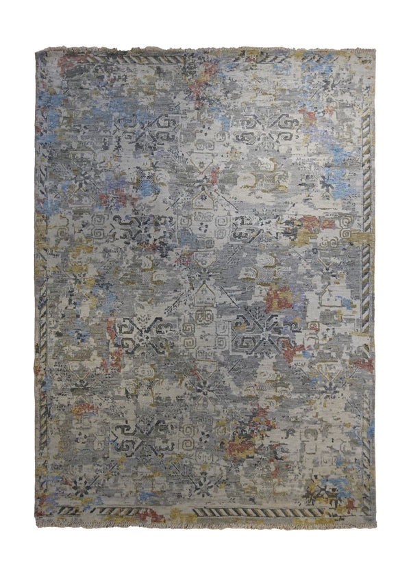A34265 Oriental Rug Indian Handmade Area Transitional 6'2'' x 8'8'' -6x9- Gray Erased Geometric Design