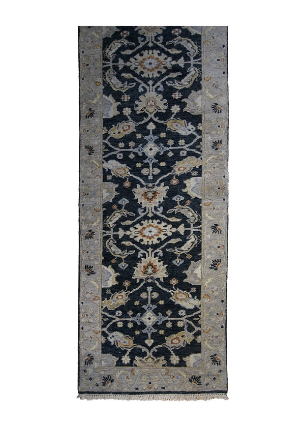 A34285 Oriental Rug Indian Handmade Runner Traditional 2'7'' x 11'10'' -3x12- Black Whites Beige Geometric Design