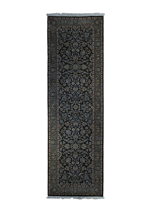 A34316 Oriental Rug Pakistani Handmade Runner Transitional 2'7'' x 8'4'' -3x8- Black Floral Design