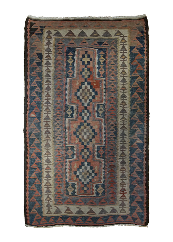 A34318 Oriental Rug Afghan Handmade Area Tribal 4'4'' x 7'3'' -4x7- Red Blue Geometric Design