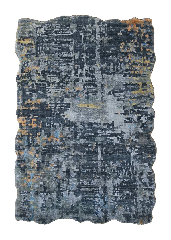 A34320 Oriental Rug Indian Handmade Area Modern 2'0'' x 3'0'' -2x3- Blue Gray Abstract Splatter Wavy Edge Design