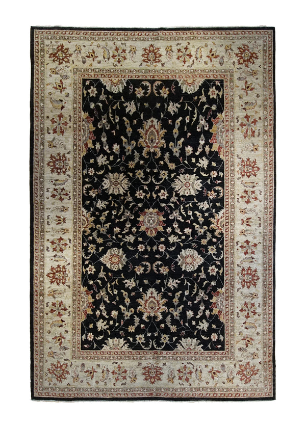 A34335 Oriental Rug Pakistani Handmade Area Transitional 6'8'' x 10'0'' -7x10- Whites Beige Black Antique Washed Floral Oushak Design