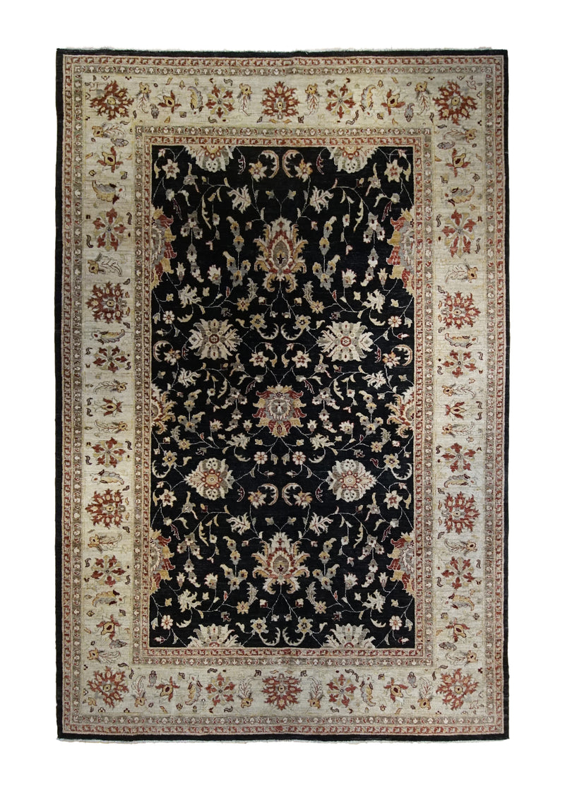 A34335 Oriental Rug Pakistani Handmade Area Transitional 6'8'' x 10'0'' -7x10- Whites Beige Black Antique Washed Floral Oushak Design