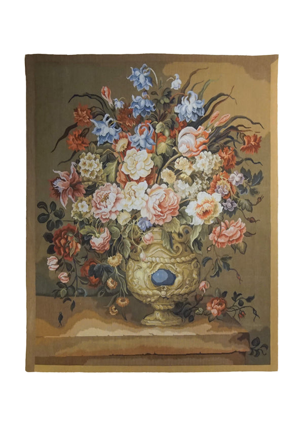 A34347 Oriental Rug Chinese Handmade Area Traditional 3'6'' x 4'6'' -4x5- Whites Beige Multi-color Tapestry Floral Design