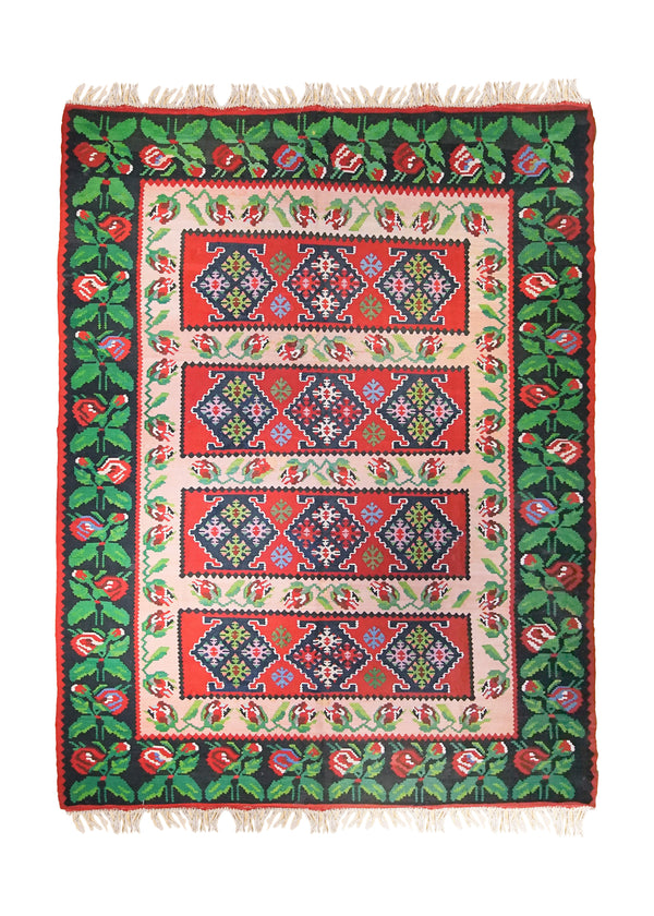 A34371 European Rug Handmade Area Traditional 7'4'' x 9'4'' -7x9- Green Red Floral Bessarabia Kilim Design