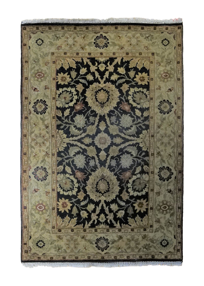 A34377 Oriental Rug Indian Handmade Area Transitional 4'0'' x 6'0'' -4x6- Green Black Tea Washed Floral Jaipur Design
