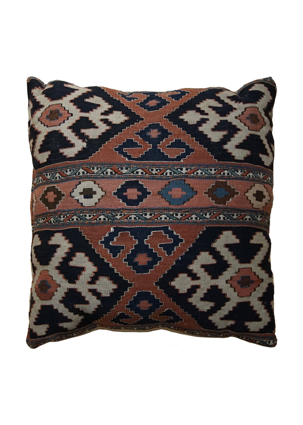 A34395 Caucasian Rug Shirvan Handmade Pillow Antique Tribal 2'6'' x 2'6'' -3x3- Blue Red Kilim Geometric Design