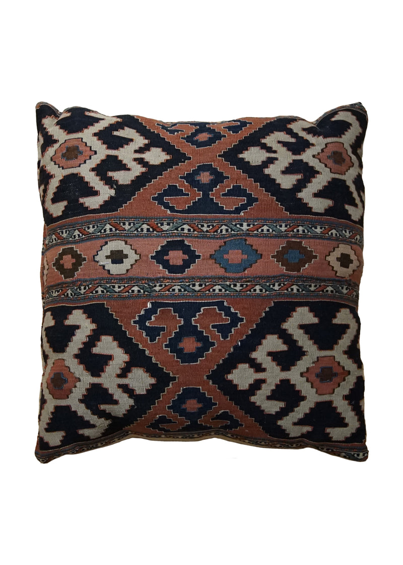 A34395 Caucasian Rug Shirvan Handmade Pillow Antique Tribal 2'6'' x 2'6'' -3x3- Blue Red Kilim Geometric Design