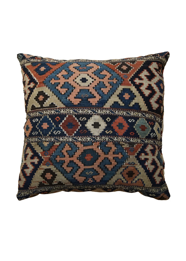 A34396 Caucasian Rug Shirvan Handmade Pillow Antique Tribal 2'6'' x 2'6'' -3x3- Blue Red Kilim Geometric Design