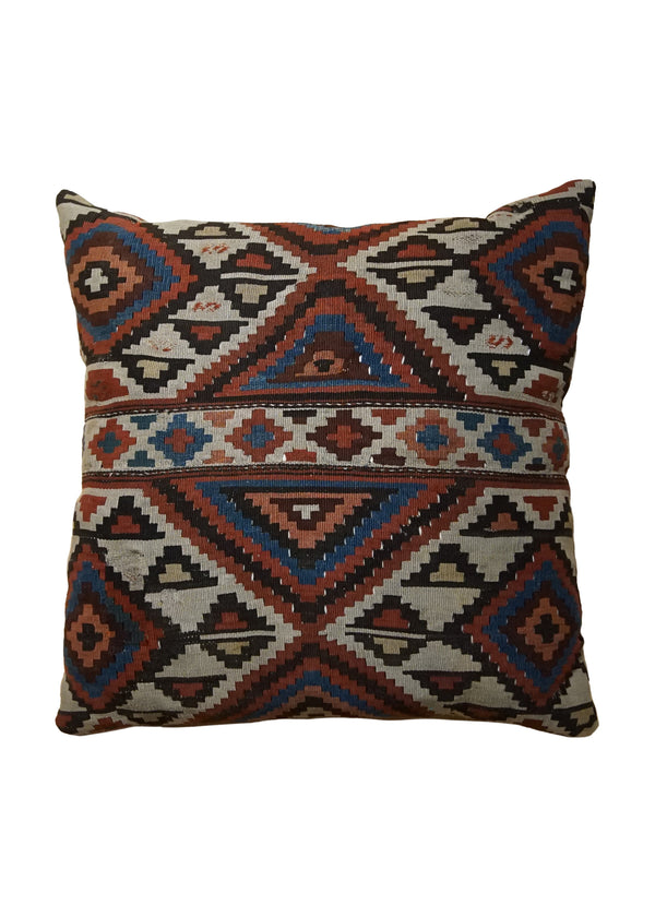 A34397 Caucasian Rug Shirvan Handmade Pillow Antique Tribal 2'6'' x 2'6'' -3x3- Blue Red Kilim Geometric Design