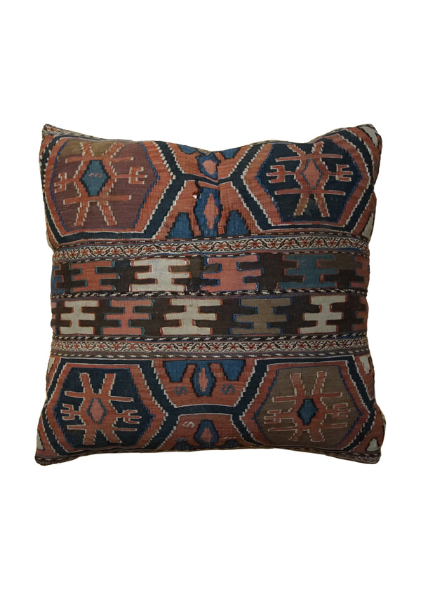 A34398 Caucasian Rug Shirvan Handmade Pillow Antique Tribal 2'6'' x 2'6'' -3x3- Blue Red Kilim Geometric Design
