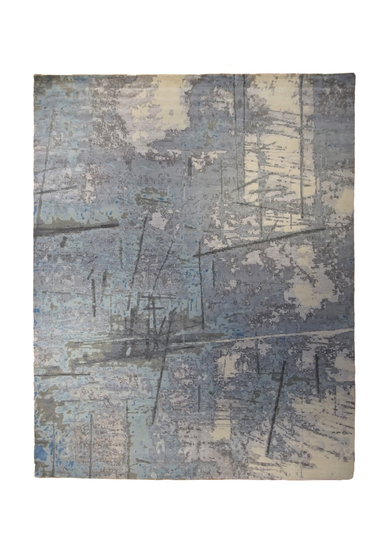 A34406 Oriental Rug Indian Handmade Area Modern Neutral 7'10'' x 9'10'' -8x10- Blue Gray Abstract Crackle Design