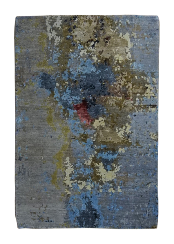 A34407 Oriental Rug Indian Handmade Area Modern 2'0'' x 2'11'' -2x3- Gray Blue Green Abstract Splatter Design