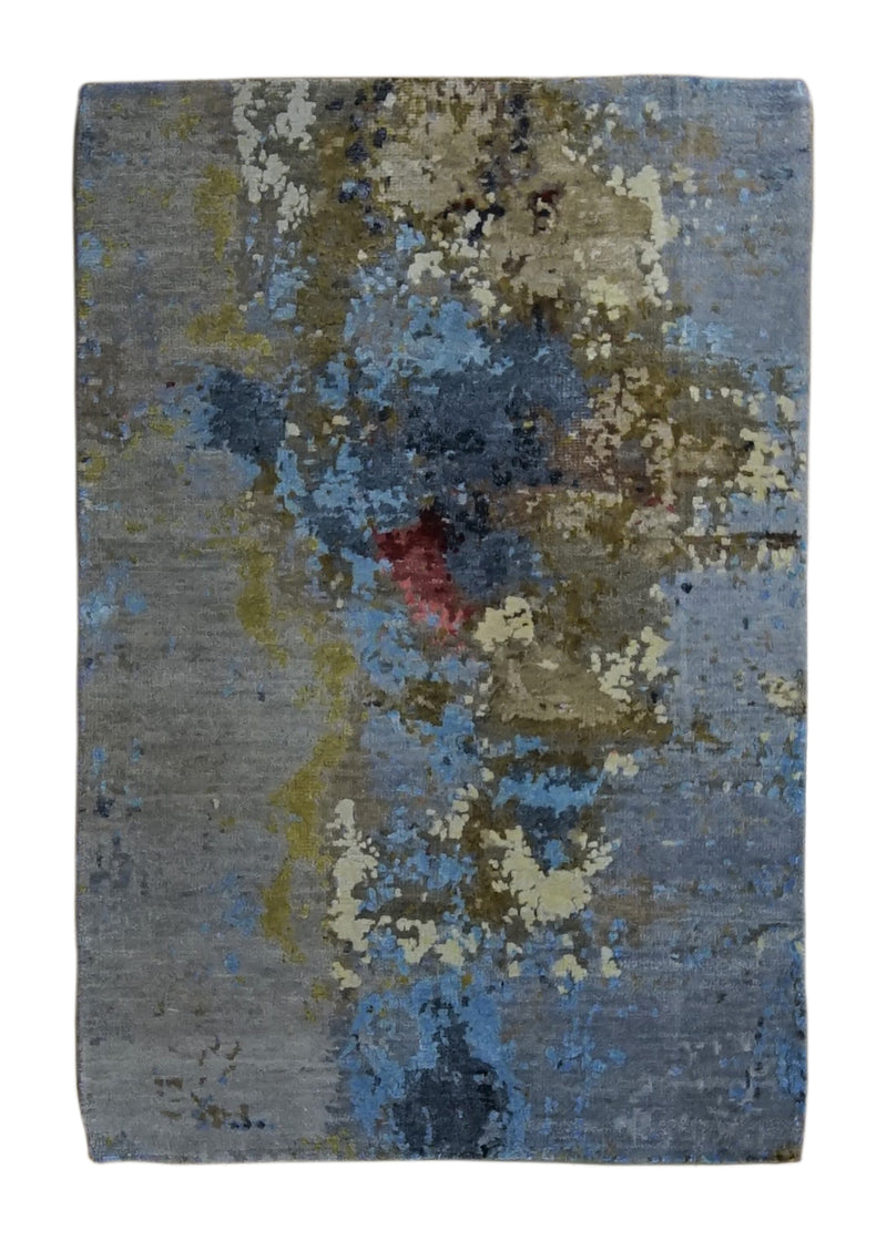 A34407 Oriental Rug Indian Handmade Area Modern 2'0'' x 2'11'' -2x3- Gray Blue Green Abstract Splatter Design