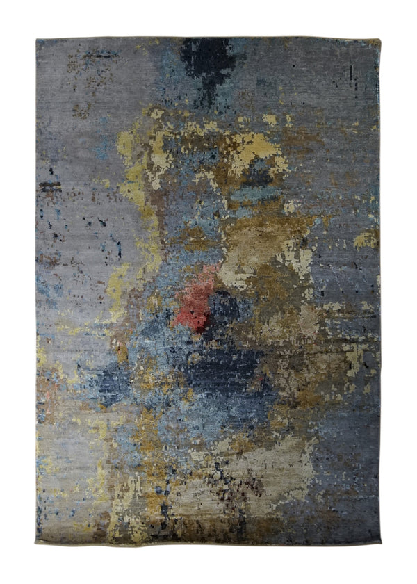 A34408 Oriental Rug Indian Handmade Area Modern 4'1'' x 6'0'' -4x6- Gray Yellow Gold Abstract Splatter Design