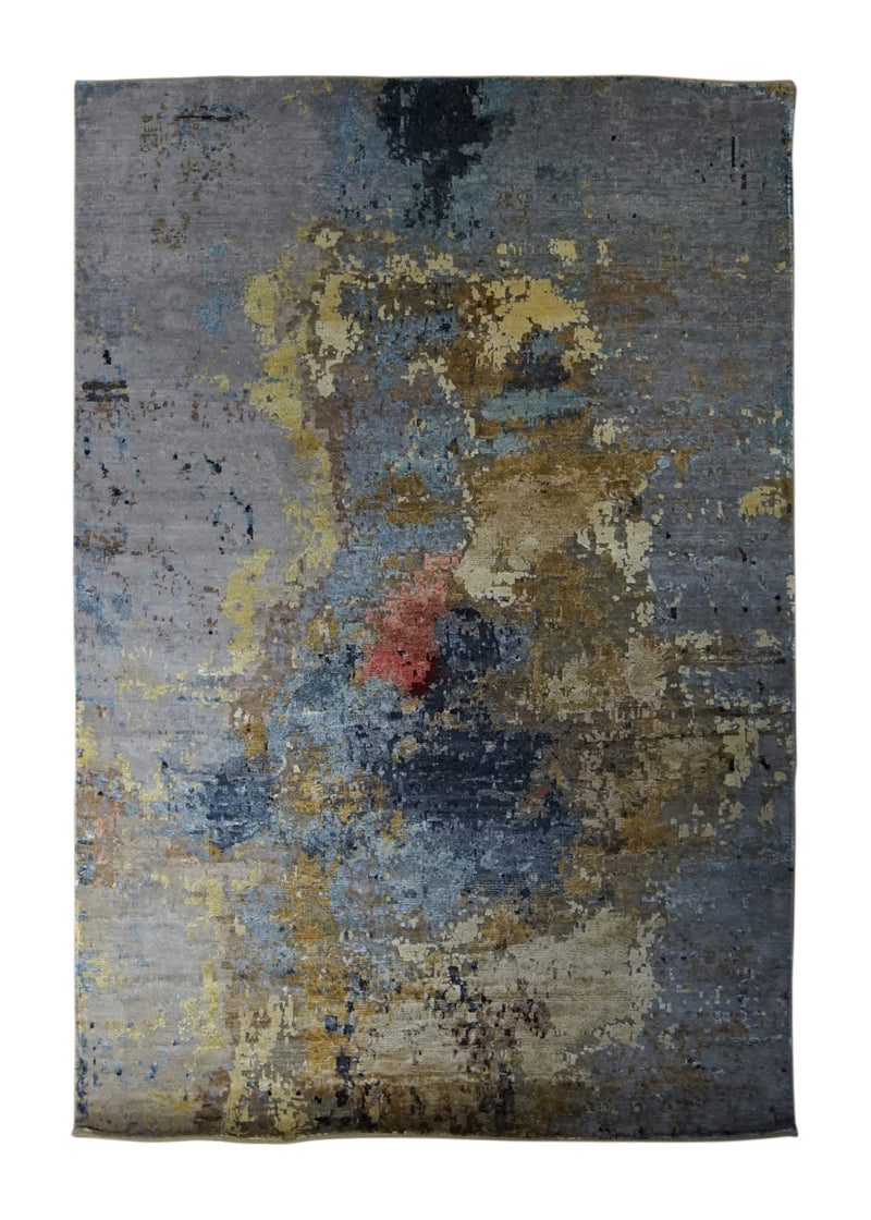 A34408 Oriental Rug Indian Handmade Area Modern 4'1'' x 6'0'' -4x6- Gray Yellow Gold Abstract Splatter Design