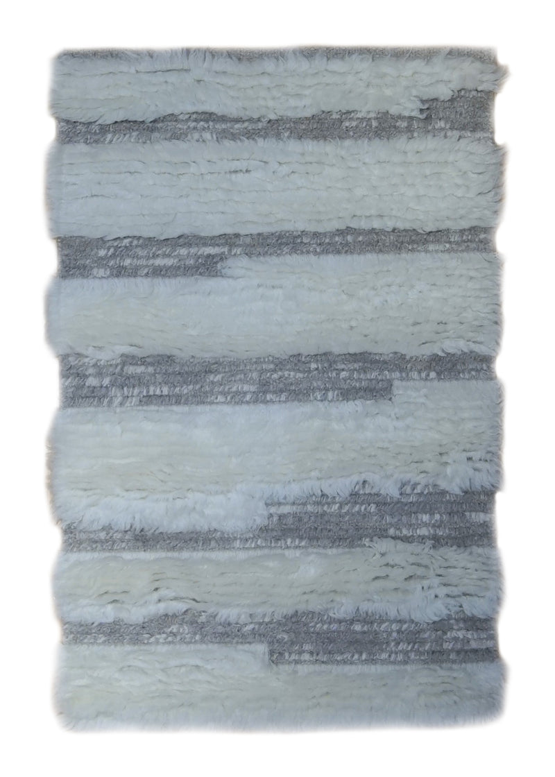 A34418 Oriental Rug Indian Handmade Area Modern Neutral 2'0'' x 3'0'' -2x3- Whites Beige Geometric Shag High Low Pile Moroccan Design