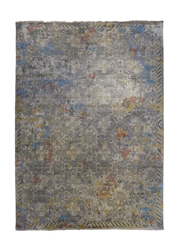 A34450 Oriental Rug Indian Handmade Area Transitional 10'2'' x 14'1'' -10x14- Whites Beige Gray Multi-color Geometric Design