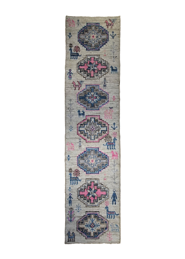 A34460 Oriental Rug Pakistani Handmade Runner Transitional Tribal 3'0'' x 12'0'' -3x12- Pink Whites Beige Geometric Pictorial Animals Gabbeh Design