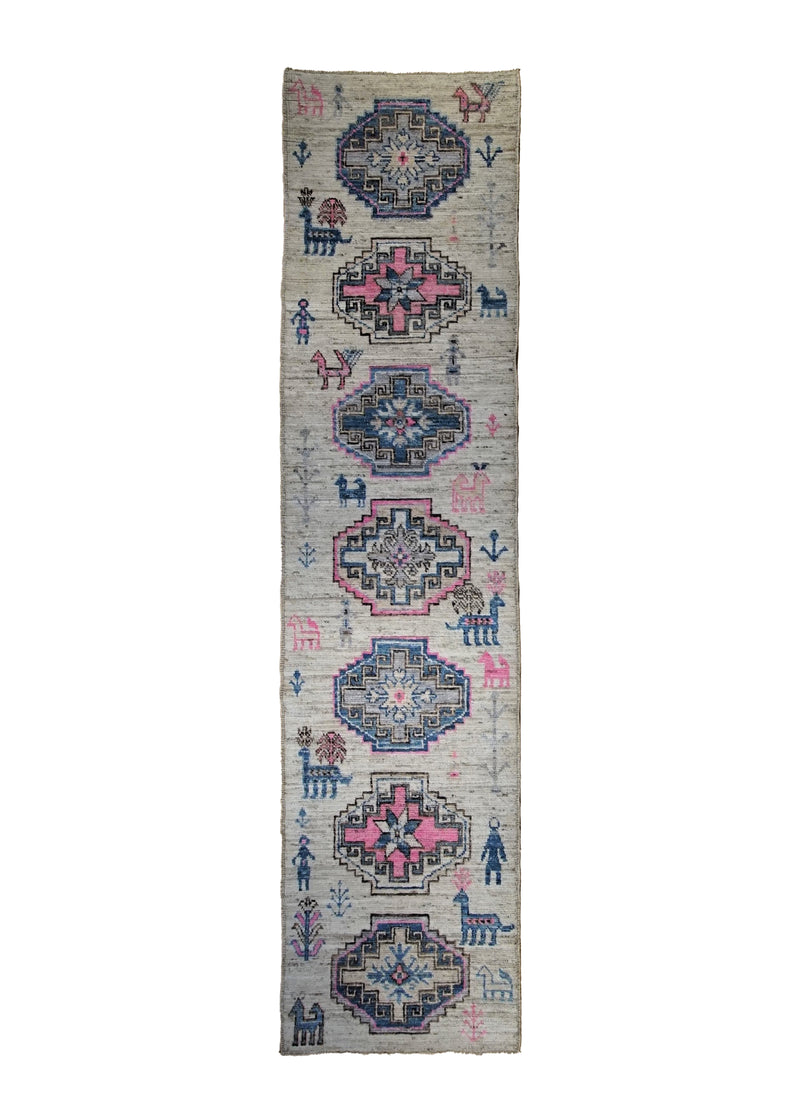 A34460 Oriental Rug Pakistani Handmade Runner Transitional Tribal 3'0'' x 12'0'' -3x12- Pink Whites Beige Geometric Pictorial Animals Gabbeh Design