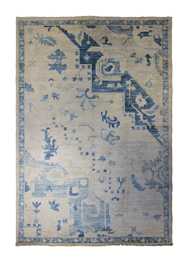 A34469 Oriental Rug Pakistani Handmade Area Transitional Neutral 6'2'' x 8'10'' -6x9- Whites Beige Blue Partition Heriz Design