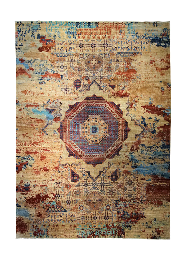 A34518 Oriental Rug Pakistani Handmade Area Transitional 9'10'' x 13'8'' -10x14- Whites Beige Red Erased Mamluk Design