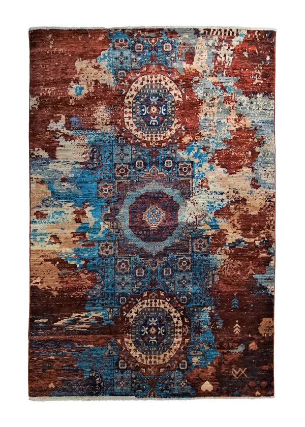 A34522 Oriental Rug Pakistani Handmade Area Transitional 3'11'' x 5'10'' -4x6- Blue Red Erased Mamluk Design