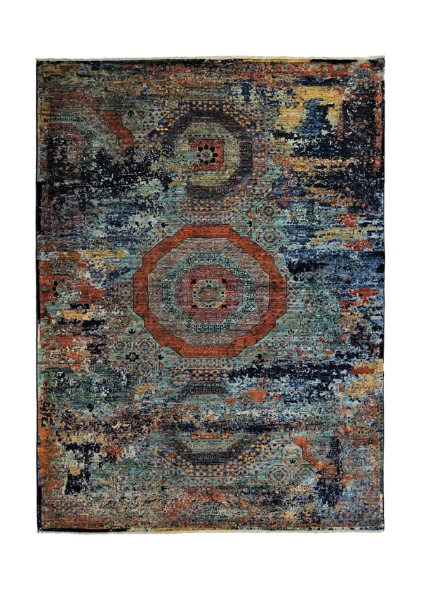 A34526 Oriental Rug Pakistani Handmade Area Transitional 5'1'' x 6'11'' -5x7- Green Erased Mamluk Design