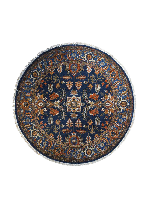 A34543 Oriental Rug Indian Handmade Round Transitional 5'2'' x 5'2'' -5x5- Blue Orange Floral Design