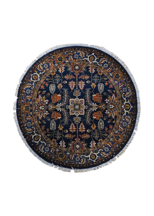 A34555 Oriental Rug Indian Handmade Round Transitional 4'1'' x 4'1'' -4x4- Blue Heriz Design