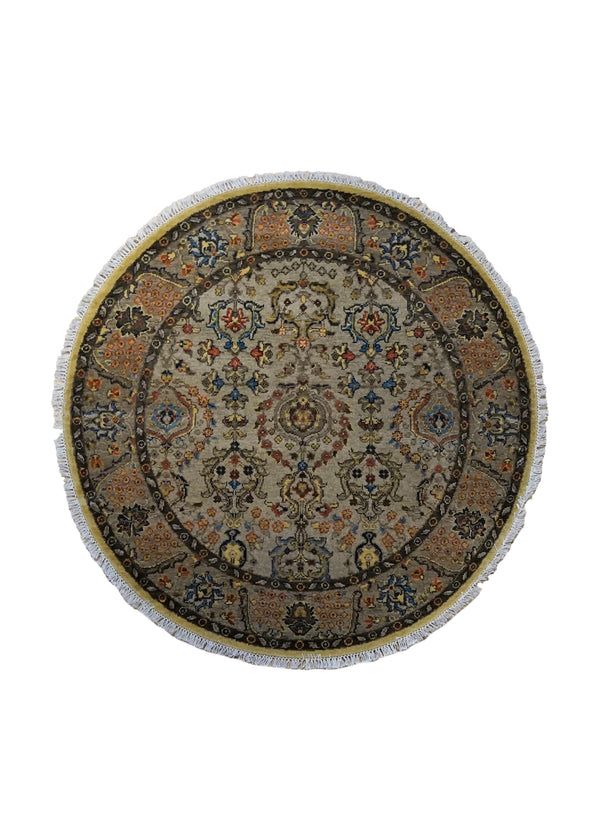 A34558 Oriental Rug Indian Handmade Round Traditional 4'1'' x 4'1'' -4x4- Whites Beige Floral Design