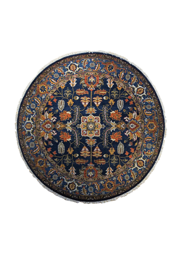 A34564 Oriental Rug Indian Handmade Round Transitional Tribal 6'2'' x 6'2'' -6x6- Blue Orange Heriz Design