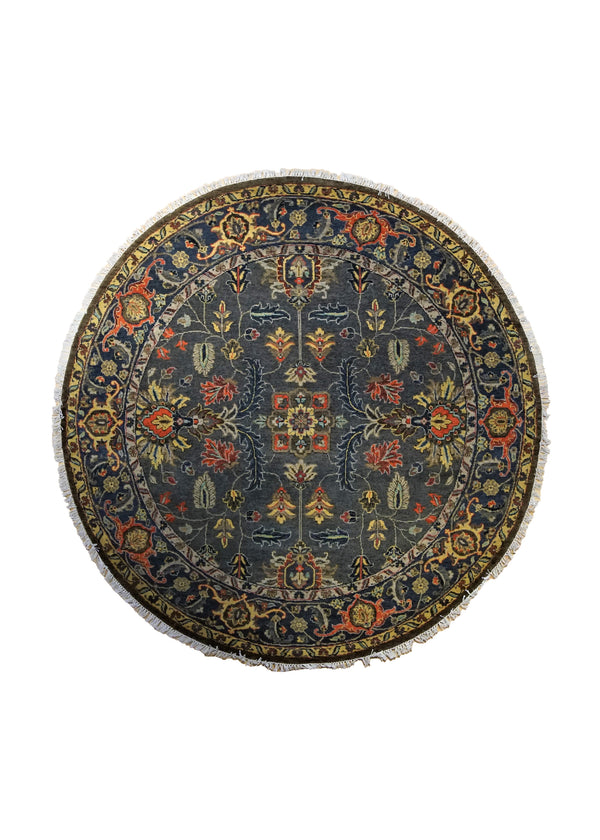 A34566 Oriental Rug Indian Handmade Round Transitional Tribal 6'2'' x 6'2'' -6x6- Blue Yellow Gold Heriz Design