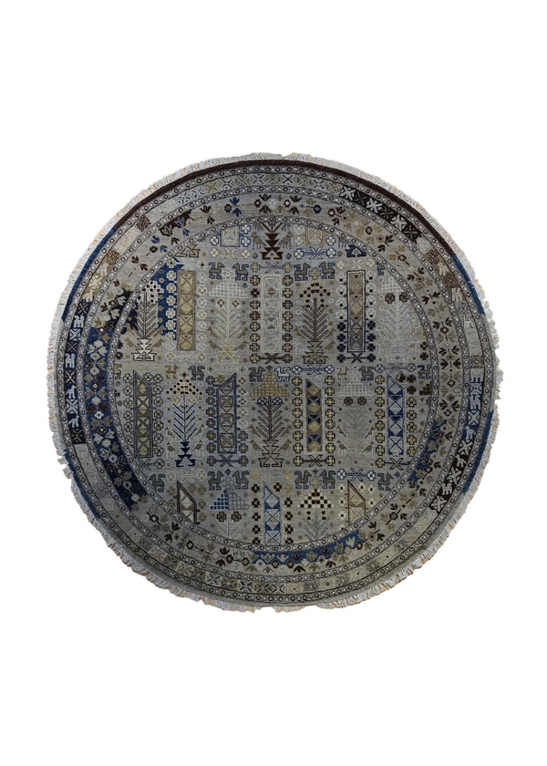 A34568 Oriental Rug Indian Handmade Round Transitional Tribal 6'2'' x 6'2'' -6x6- Whites Beige Geometric Design