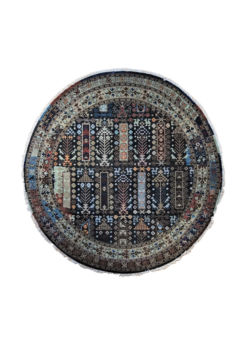 A34572 Oriental Rug Indian Handmade Round Transitional Tribal 5'12'' x 6'0'' -6x6- Blue Geometric Design