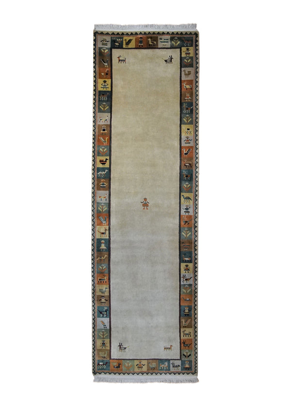 A34608 Oriental Rug Indian Handmade Runner Tribal 2'6'' x 8'2'' -3x8- Whites Beige Multi-color Open Animals Gabbeh Design