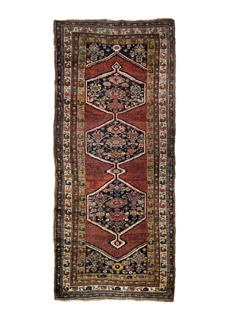 A34614 Persian Rug Bijar Handmade Runner Antique Traditional 4'2'' x 9'5'' -4x9- Red Geometric Design