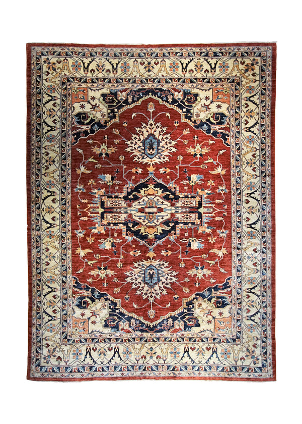 A34642 Oriental Rug Pakistani Handmade Area Transitional Tribal 9'10'' x 13'8'' -10x14- Red Whites Beige Geometric Heriz Design