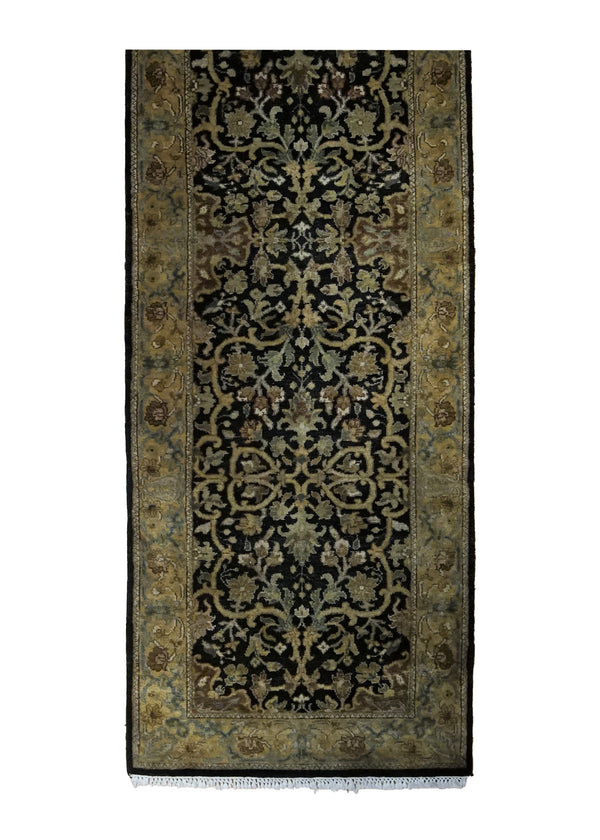 A34645 Oriental Rug Indian Handmade Runner Transitional 2'7'' x 8'0'' -3x8- Green Black Floral Jaipur Design
