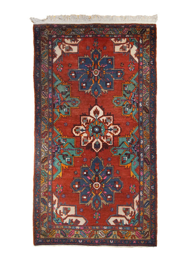 A34675 Persian Rug Hamadan Handmade Area Tribal 3'7'' x 6'10'' -4x7- Red Geometric Design