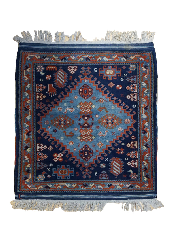 A34681 European Rug Handmade Square Tribal 3'3'' x 3'6'' -3x4- Blue Geometric Design