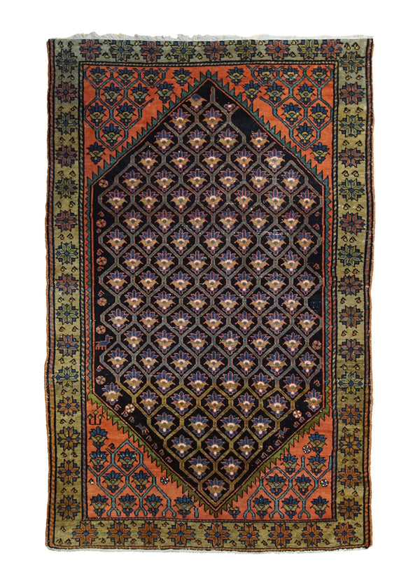 A34684 Persian Rug Hamadan Handmade Area Tribal 4'1'' x 6'5'' -4x6- Green Orange Floral Design